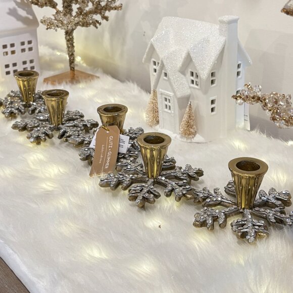 Holiday Gold Brass Metal 5 Taper Candelabra Centerpiece Snowflakes Rhinestone - Picture 7 of 9